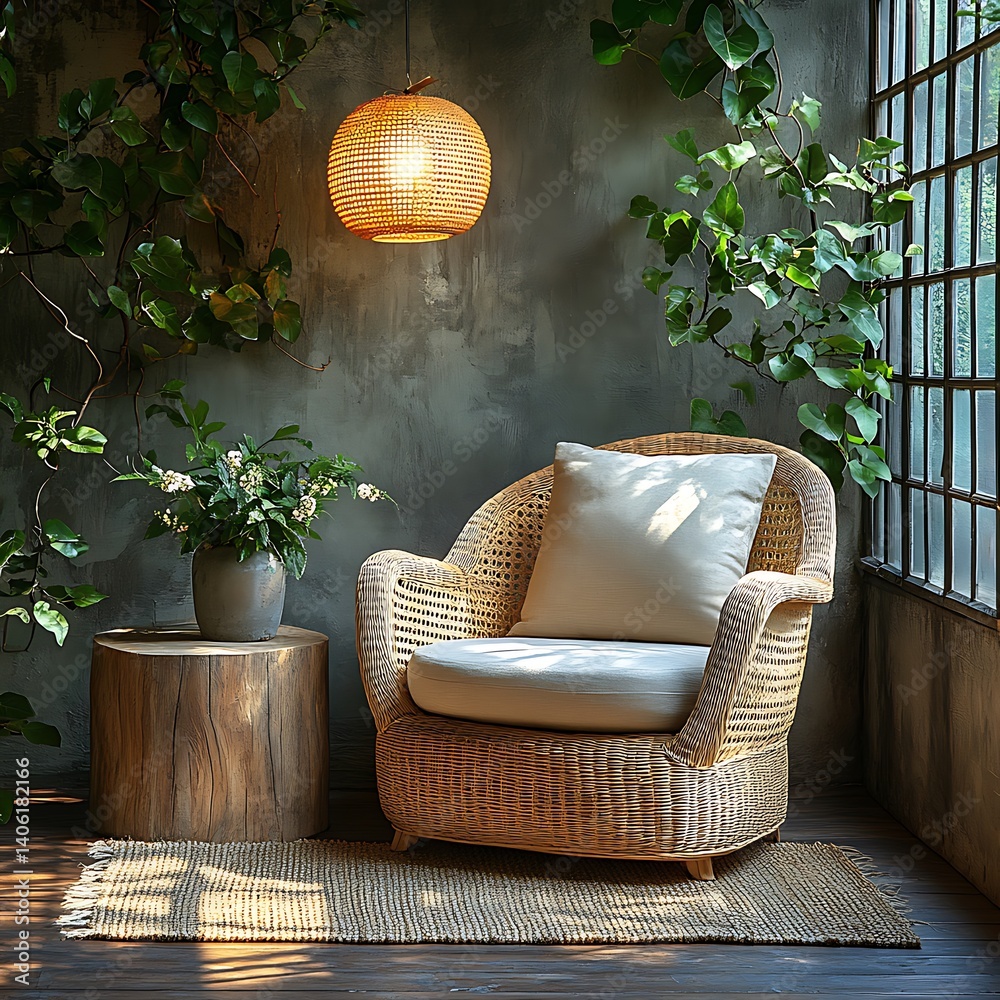 Cozy Wicker Armchair with Pillow, Greenery, and a Warm Lamp in a Peaceful Indoor Corner Nook.
