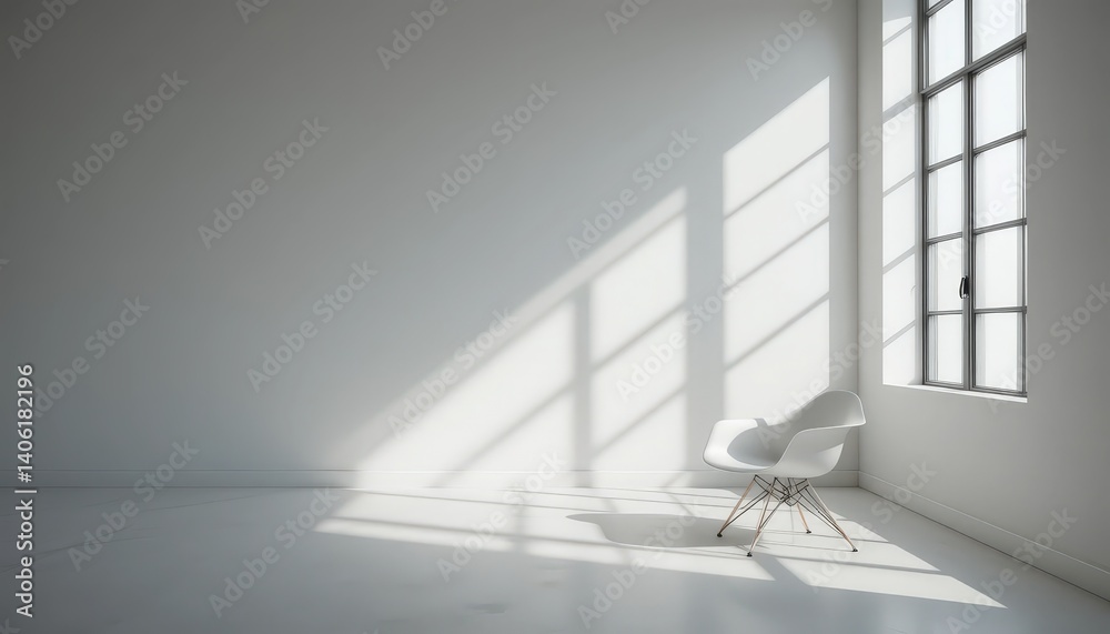 Obraz premium Light Creates Soft Shadows on a Modern Chair in a Minimalist Room With Large Windows