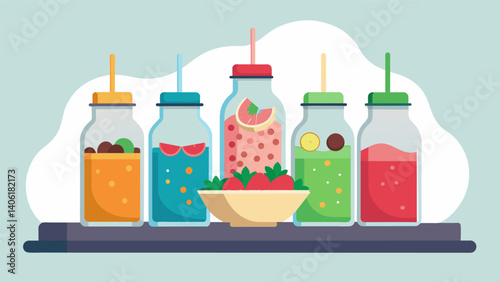 A minimalistic smoothie bowl station with clear glass bottles filled with colorful layers of blended fruits and toppings providing a visually pleasing. Vector illustration