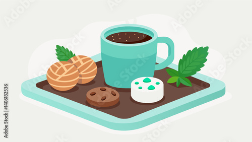 A modern white tray featuring a decadent cup of hot cocoa and a variety of artisanal cookies garnished with a few sprigs of fresh mint.. Vector illustration