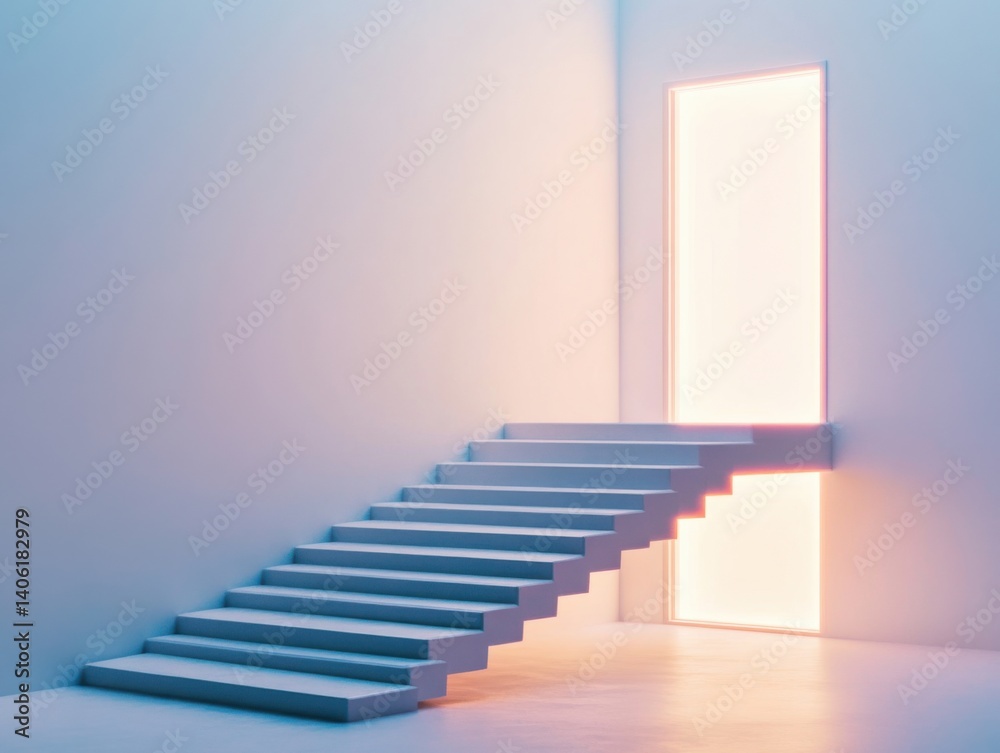 Stairs leading to floating office door, surreal career path and diffused lighting with space for text Stairs leading to floating office door, surreal career path and diffused lighting with space for text