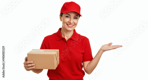 Delivery person holding a parcel and pointing at it with a smile, wearing a red cap and uniform with no logos, white background, high-resolution