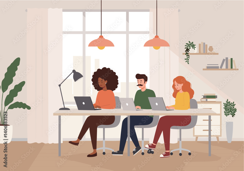  Coworking Space with People on Laptops – Flat Vector Scene