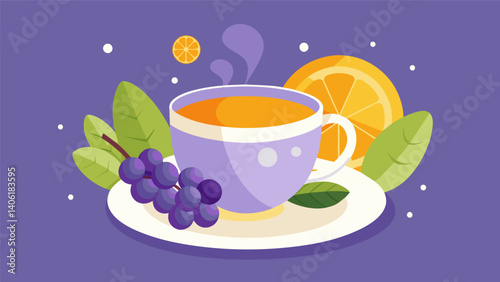A peaceful moment with a cup of lavender earl grey tea and a handful of juicy gs.. Vector illustration