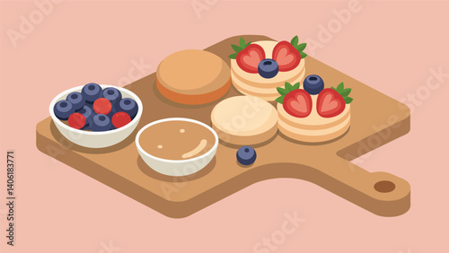 A heavenly morning spread with tiny vanilla pancakes mixed berries and a velvety peach yogurt dip on a snack board.. Vector illustration