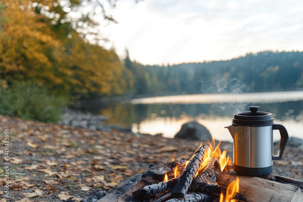 Coffee pot by campfire at lake in nature autumn outdoors landscape
