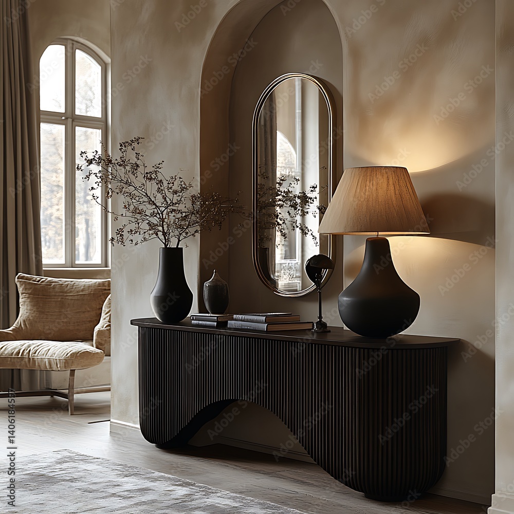 Elegant entryway decor showcasing a dark console table, lamp, mirror, vases, and chair for a sophisticated interior space.