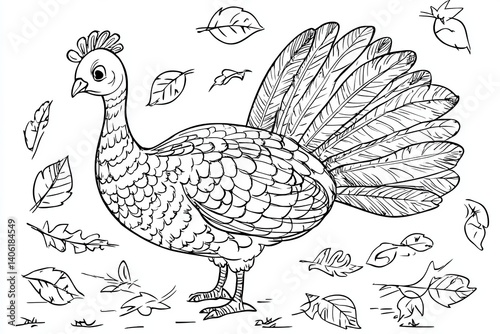 Wallpaper Mural Detailed line drawing of a turkey surrounded by various types of leaves on a white background Torontodigital.ca