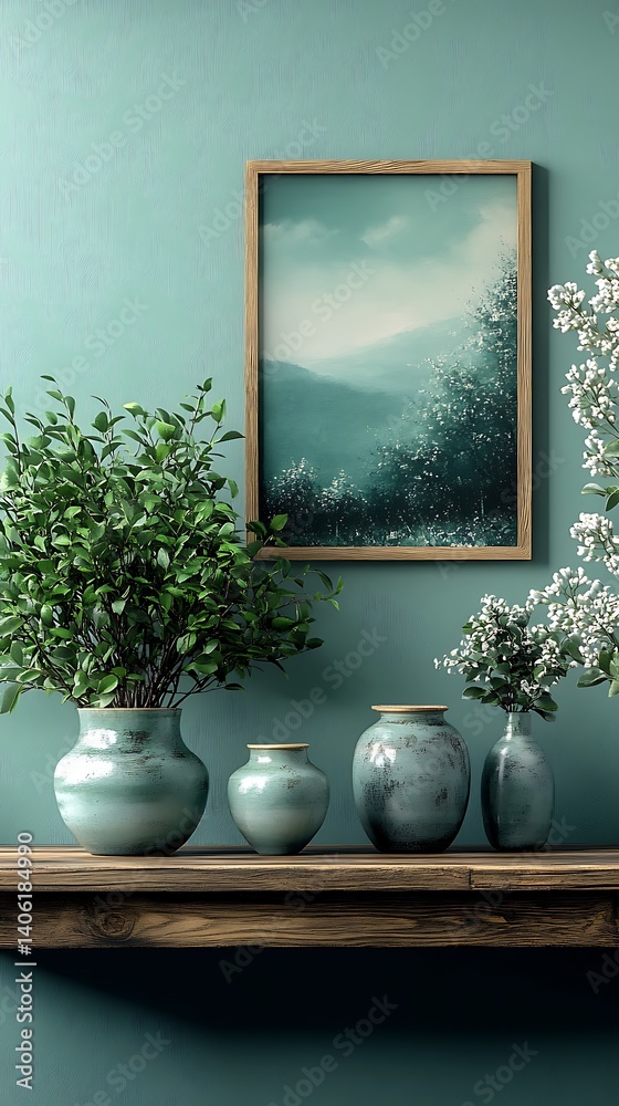 Elegant home interior featuring artwork, lush green plants in vases, and a rustic wooden shelf against a tranquil blue wall.