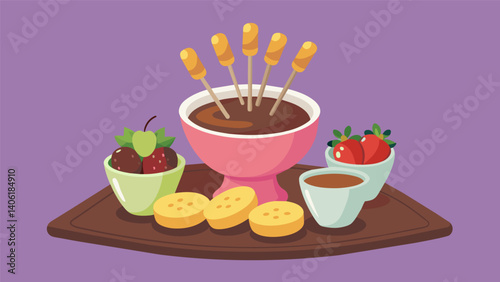 A decadent dessert tray with warm chocolate fondue fruit skewers and crispy churros for dipping.. Vector illustration