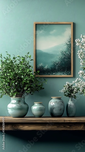 Obraz na płótnie Elegant home interior featuring artwork, lush green plants in vases, and a rustic wooden shelf against a tranquil blue wall. w salonie