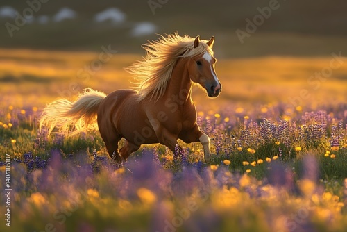 A galloping horse running freely on the grassland under the sunset
