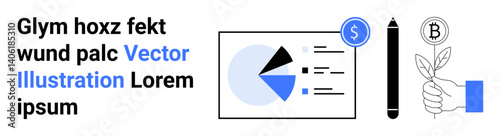 Free Download Pie chart with financial data, hand holding plant symbolizing growth, cryptocurrency coin, and pen. Ideal for finance, investment, growth strategy, technology, innovation sustainability simple - GFXLoad