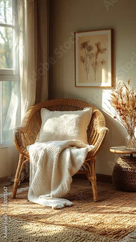 Obraz na płótnie Cozy Wicker Chair with Soft Blanket and Pillow Near Window, Natural Light and Relaxing Home Interior Design. w salonie