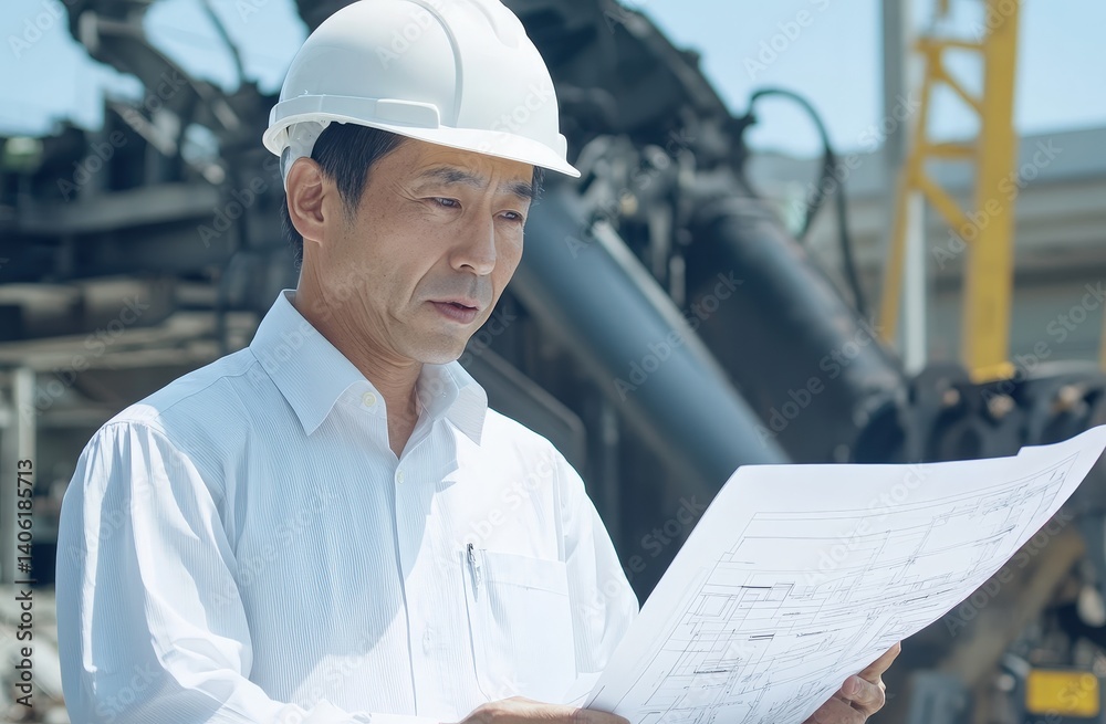 Engineer reviews construction plans at a building site during daylight while wearing a hard hat and white shirt, showcasing dedication to safety and project details Engineer reviews construction plans at a building site during daylight while wearing a hard hat and white shirt, showcasing dedication to safety and project details