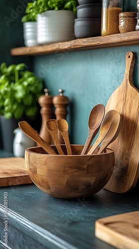Obraz na płótnie Rustic Kitchen Still Life: Wooden Utensils in Bowl with Cutting Board and Plants on Shelf for Culinary Inspiration. w salonie