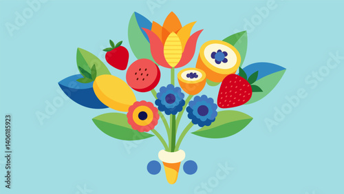A creative fruit flower bouquet featuring banana slices for petals a strawberry for the center and blueberries and raspberries for leaves.. Vector illustration