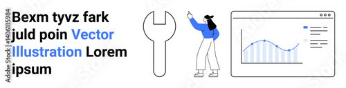 Woman pointing at a growth chart while standing next to a wrench icon and text. Ideal for data analysis, business strategy, technical support, marketing, innovation, teamwork, and a simple landing