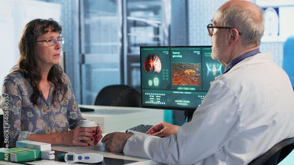 Physician highlights MRI scan advising on cancer treatment options and preventative health strategies for a geriatric patient. Medic and patient reviewing tumor growth, risk factors Camera B.
