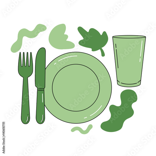 Eco-friendly Dinnerware Vector Set. Green tableware with nature elements on transparent background. Sustainability, reusable items, zero waste concept. Kitchen illustration, sustainable product design