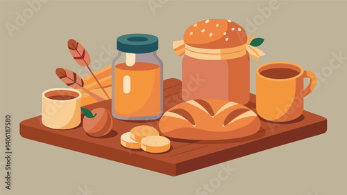 A farmhouseinspired bread board featuring a colorful array of crusty loaves and rustic rolls displayed alongside delicate jars of sweet preserves.. Vector illustration