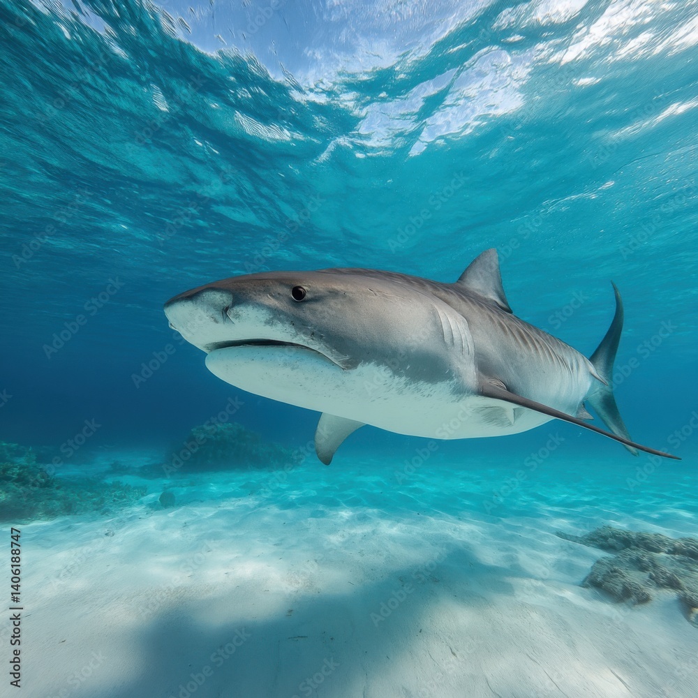 Naklejka premium Tiger shark swimming symmetrically with natural lighting and balanced composition