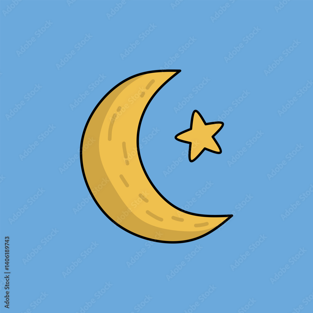 Stylized Crescent Moon and Star Graphic Against a Blue Sky