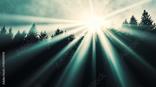 Radiant Sunlight Through Forest Canopy with Lush Trees and Rays