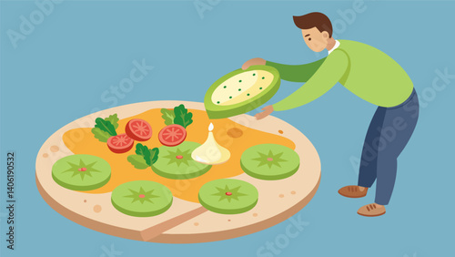 A person spreading hummus on a whole grain pita and topping it with cucumber slices for a satisfying snack.. Vector illustration