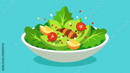 A mixed greens salad topped with grilled chicken avocado and a sprinkle of seeds for a balance of lean protein healthy fats and vitamins.. Vector illustration
