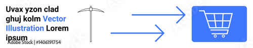 Pickaxe represents mining or idea genesis, arrows symbolize process or transfer, cart indicates outcome or e-commerce. Ideal for innovation, workflow, mining, e-commerce, process mapping, logistics