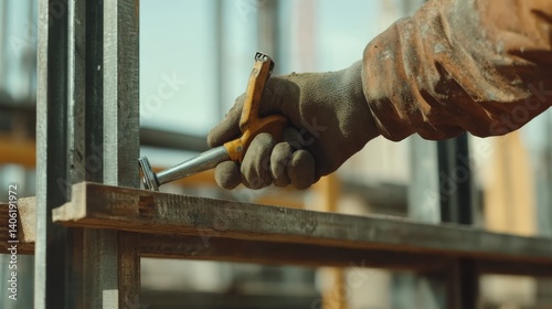 Construction worker fixing a steel frame at a building site. Featuring steelwork and structural construction