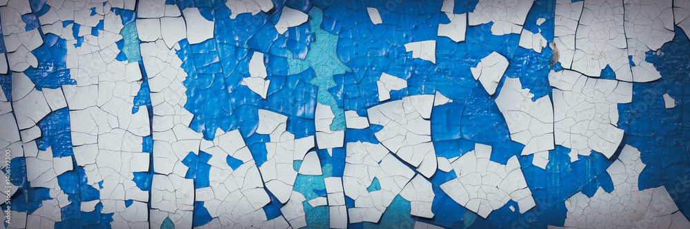 Peeling paint on the wall. Panorama of a concrete wall with old cracked flaking paint. Weathered rough painted surface with patterns of cracks and peeling. Panoramic texture for background and design.