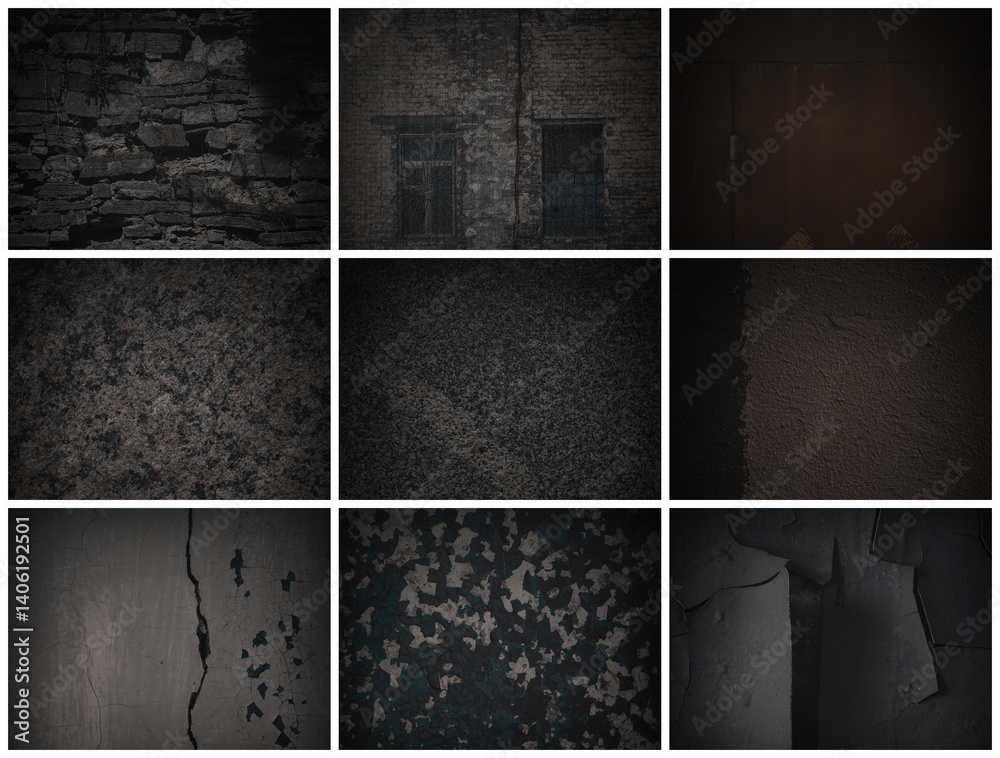 Set of dark background textures. Collection of textures with peeling paint, cracks, rust, scratches, stains, noise and grain. Weathered rough surfaces of old walls. Bundle of backgrounds for design.