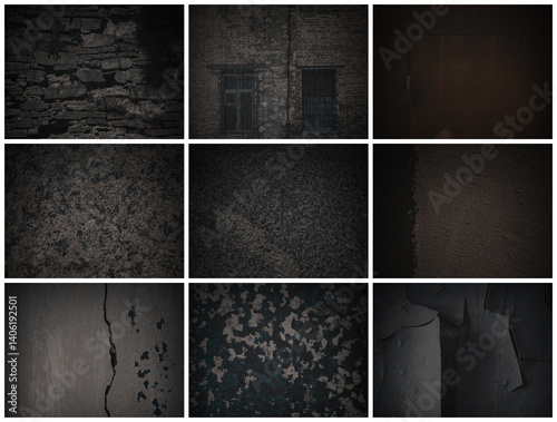 Obraz na płótnie Set of dark background textures. Collection of textures with peeling paint, cracks, rust, scratches, stains, noise and grain. Weathered rough surfaces of old walls. Bundle of backgrounds for design. w salonie