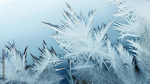 Frosted Window Close-Up with Intricate Ice Crystal Patterns