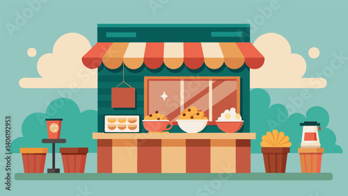 A cozy corner cafe with a warm and welcoming atmosphere complete with a cereal bar stocked with comfort cereals and toppings like melted marshmallows.. Vector illustration
