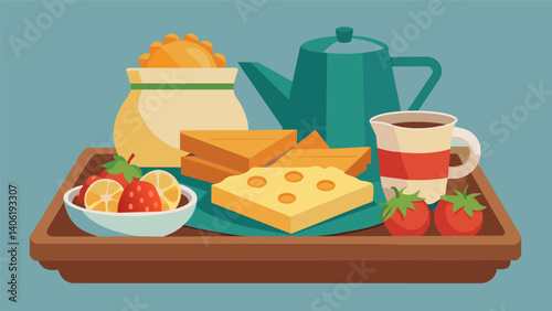 A farmhouseinspired tray featuring classic comfort foods like grilled cheese tomato soup and homemade kettle chips.. Vector illustration