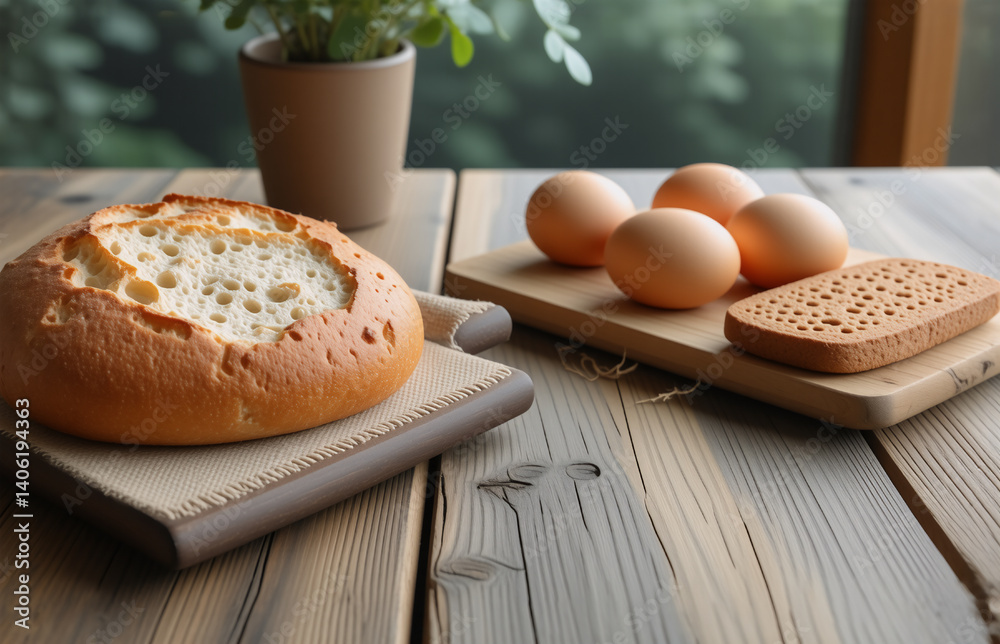 A rustic scene of fresh bread and eggs arranged on wooden cutting boards atop a wooden table. A potted plant adds a touch of nature, with a blurred window background suggesting a cozy setting. A rustic scene of fresh bread and eggs arranged on wooden cutting boards atop a wooden table. A potted plant adds a touch of nature, with a blurred window background suggesting a cozy setting.