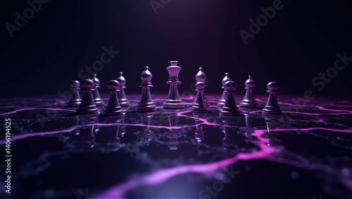 A dramatic close-up of a chessboard with white chess pieces in a strategic formation, illuminated by purple lighting, creating an intense, mysterious atmosphere. Generative, AI,