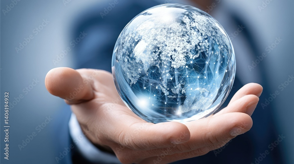 A hand holds a crystal globe depicting a digital world, symbolizing technology, connectivity, and global awareness. A hand holds a crystal globe depicting a digital world, symbolizing technology, connectivity, and global awareness.
