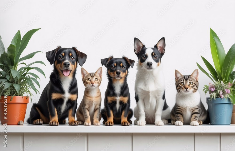 Obraz premium A group of dogs and cats sit side-by-side on a white surface, flanked by potted plants creating a harmonious and adorable animal gathering.
