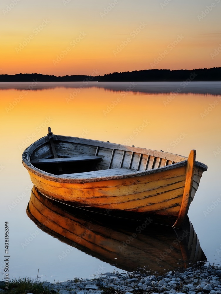 Fototapeta premium The lake surface and wooden boat under the sunset