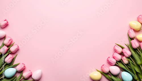 Bouquets of pink tulips bloomed on a delicate pink background, framing pastel blue, pink and yellow Easter eggs.