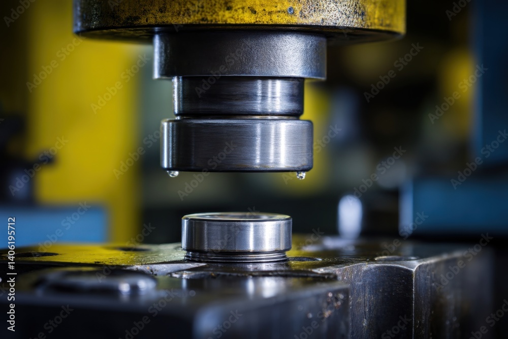 Worker operating hydraulic press and industrial yellow lighting with space for text