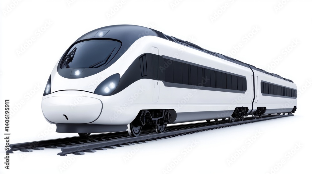 Fototapeta premium Modern High-Speed Train on Tracks with Streamlined Design and Futuristic Appearance in Isolated Background