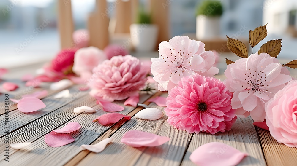 Delicate Pink Flowers and Petals on Rustic Wooden Surface Spring Floral Arrangement Delicate Pink Flowers and Petals on Rustic Wooden Surface Spring Floral Arrangement