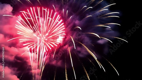 Colorful Explosion of Fireworks in Dark Night Sky Display