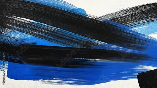 Abstract Art with Bold Blue and Black Brush Strokes on White Canvas