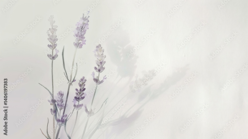 Naklejka premium Delicate Lavender Stems in a Soft Watercolor Style on Light Textured Background with Subtle Shadows, Ideal for Serene Designs